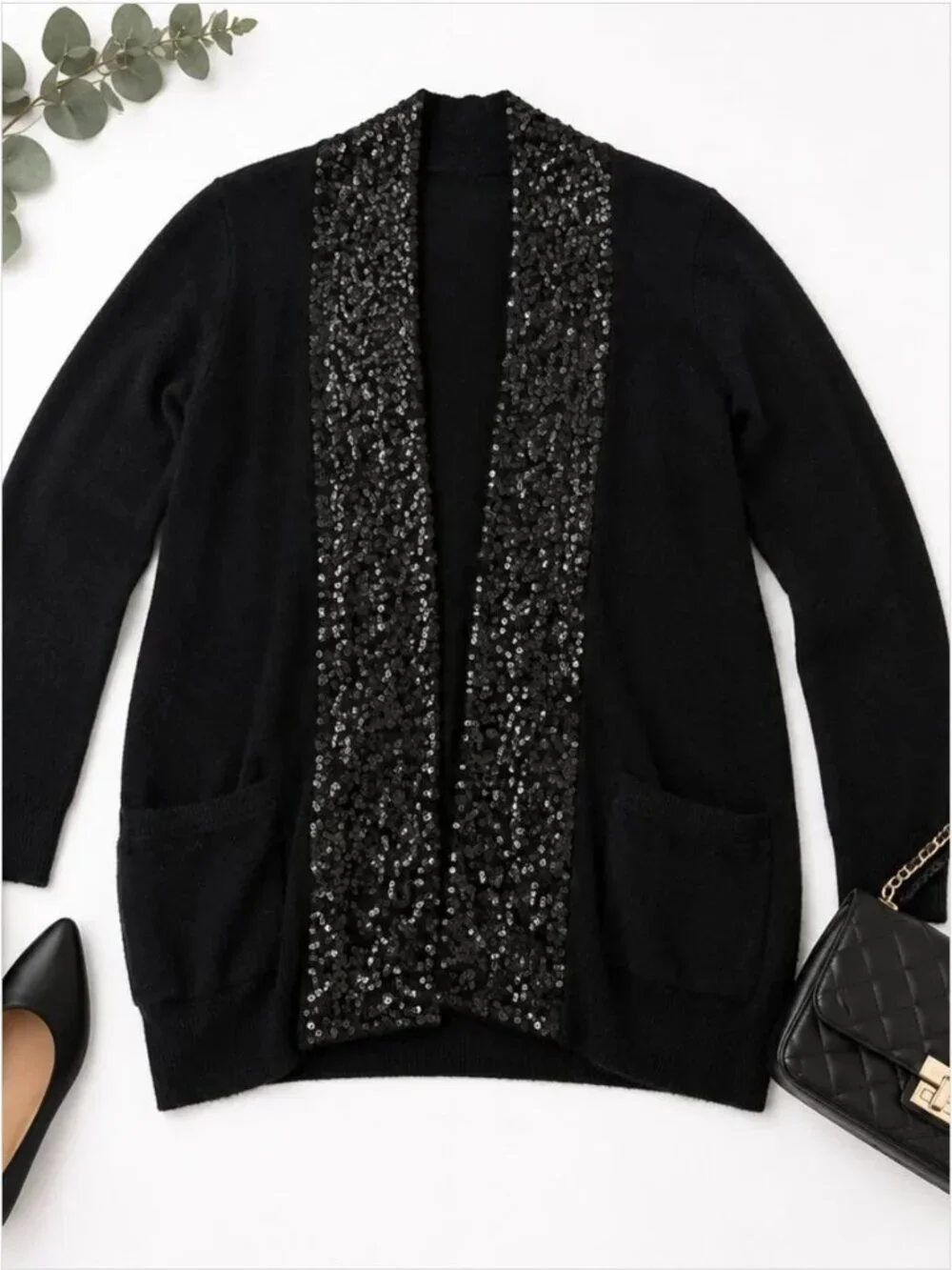J.Crew Black Sequin Trim Cardigan Sweater Small | Open Front Knit | Quiet Luxury